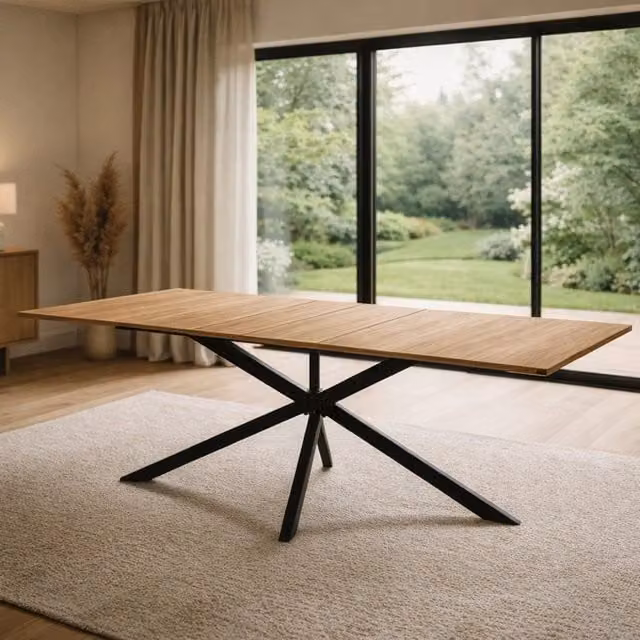 Mesa extensible Concept Usine de estilo industrial en color marrón con acabado efecto madera y estructura de metal y madera para comedor