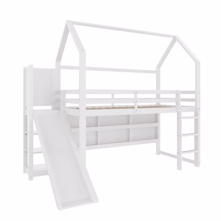 Cama de dos niveles MODFU para niños en madera de pino y MDF blanca con estructura de casa, tobogán, estantes integrados e iluminación bajo la cama, An/P/Al: 90 x 200 cm