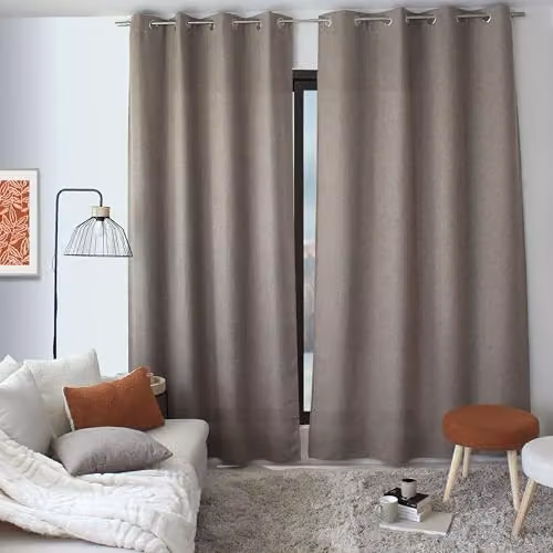 Cortina Enjoy Home de terciopelo chenilla moderna con ojales, color gris pardo, An/Al: 140 x 240 cm