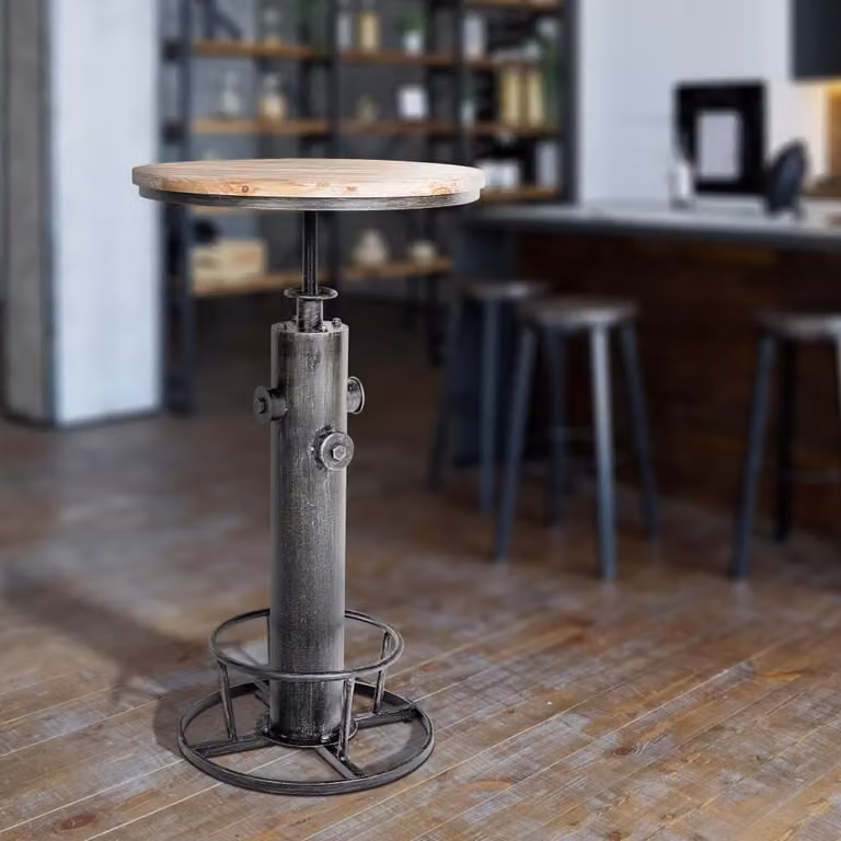 Set de 2 mesas redondas de madera de pino y metal con columna central para 4 personas en colores plata, gris y marrón