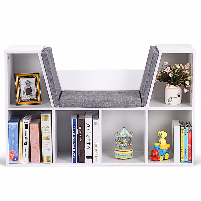 Librería Costway con Asiento y Cojín para Niños, Estantería Multiusos de Madera MDF en Blanco o Gris, An/P/Al: 102,5 x 30 x 63,5 cm