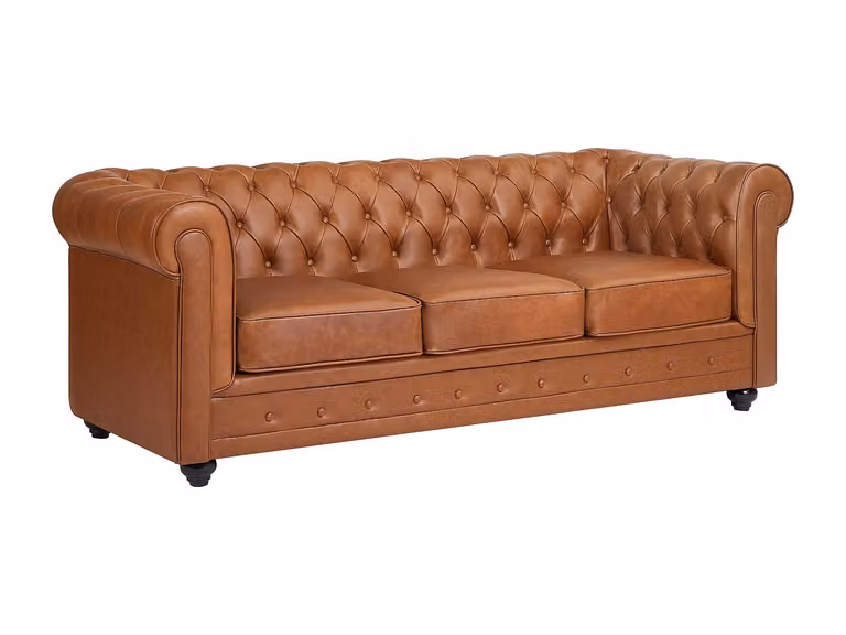 Sofá Chesterfield de 3 plazas VENTE-UNIQUE tapizado en piel de color marrón con estructura de madera sólida
