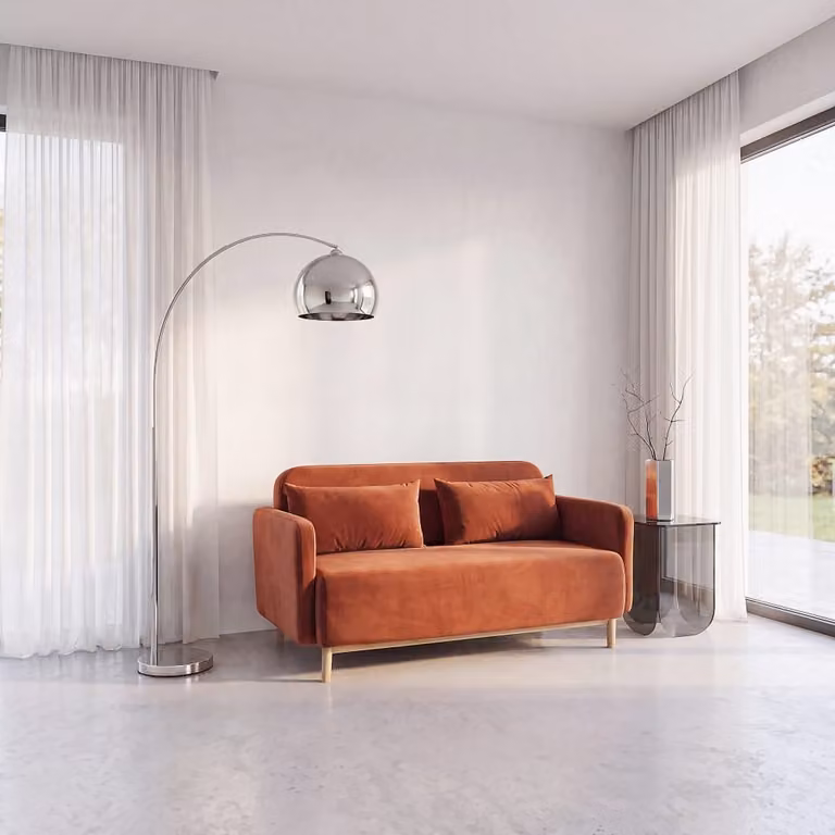 Sofá cama click clack de terciopelo Maison du Monde para salón o dormitorio en color teja con estructura de madera y espuma