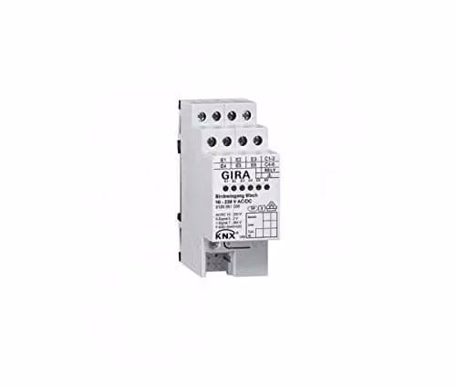 Entrada binaria KNX Gira con 6 tomas, 10-230 V AC/DC, para montaje en carril DIN en color blanco y amarillo