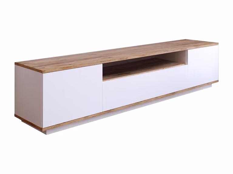 Mueble de TV moderno MENZZO en blanco y madera con 3 puertas y compartimentos para medios, An/P/Al: 180 x 44,5 x 44,6 cm