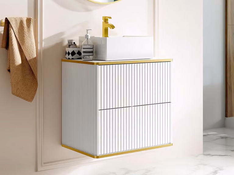 Mueble de baño suspendido estriado con ribete dorado y lavabo cuadrado sobre encimera VENTE-UNIQUE - Blanco - An: 60 cm