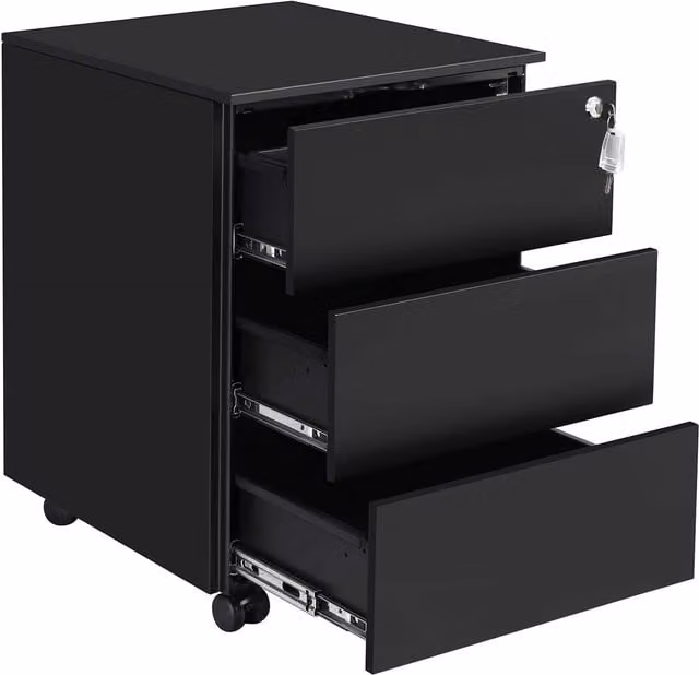 Archivador de acero SONGMICS con 3 cajones, cierre de seguridad y ruedas, color negro mate, An/P/Al: 39 x 45 x 55 cm