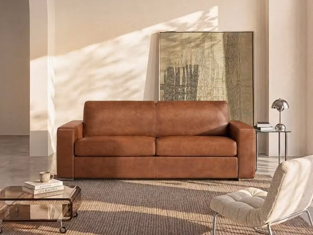 Sofá cama de 3 plazas Vente-Unique en piel marrón con función de cama y fundas extraíbles An/P/Al: 223 x 194 x 85 cm
