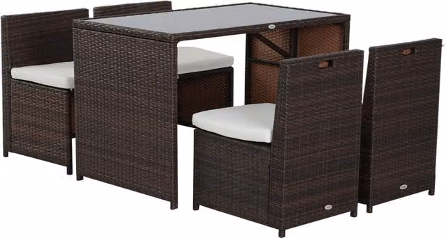 Conjunto de jardín Outsunny de resina trenzada con mesa rectangular y 4 sillas monobloques con cojines desenfundables en color marrón chocolate