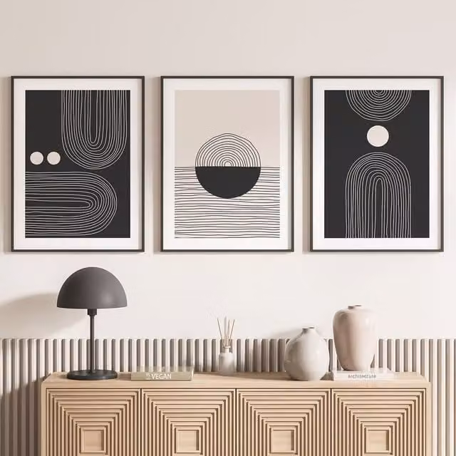 Lote de 3 pósteres tríptico decorativos Lumalea estilo boho abstracto en color negro, An/Al: 21 x 29,7 cm