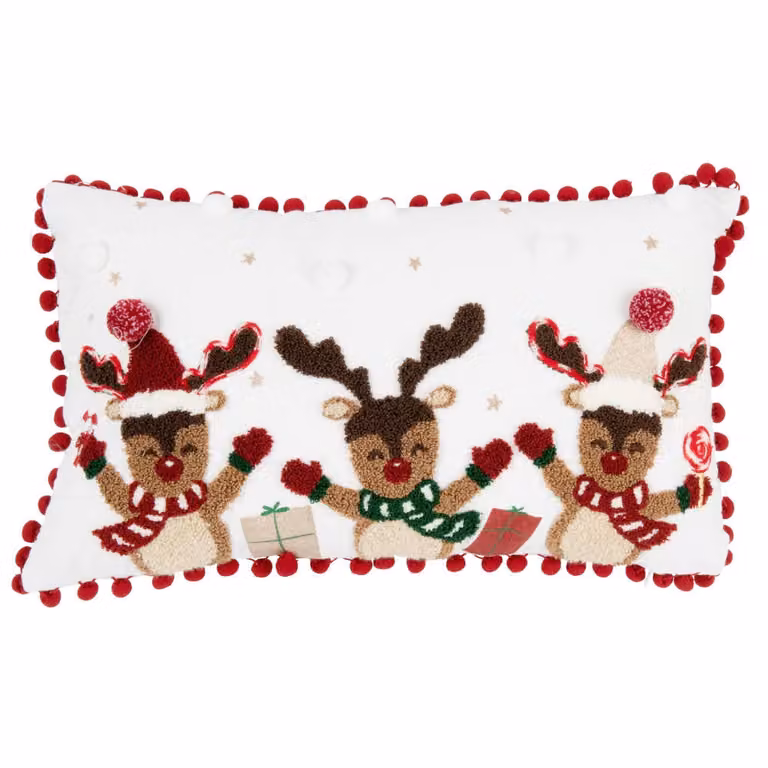 Funda de cojín rectangular con diseño de ciervos navideños de Maisons du Monde, colores rojo, verde, dorado y blanco, An/P/Al: 50 x 30 cm