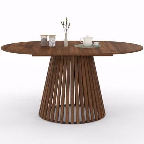 Mesa de comedor extensible redonda Carmen de IDMarket en color marrón con acabado de lamas de nogal, An/P/Al: 110-150 x 110-150 x 75 cm