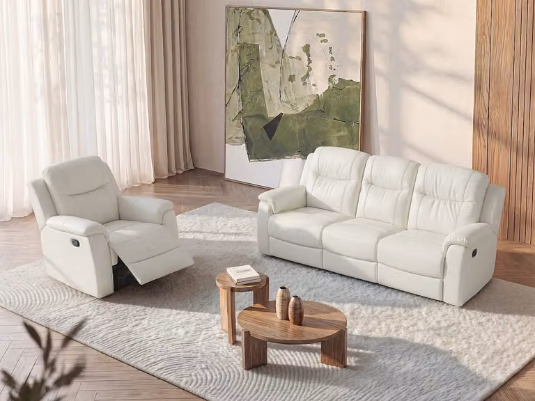 Sofá relax de 3+1 plazas EVASION de VENTE-UNIQUE en piel color blanco con estructura mixta y reposacabezas ajustable