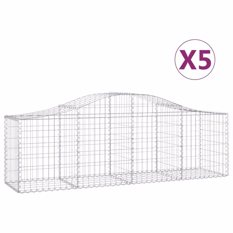 Set de 5 cestas de gaviones vidaXL con forma de arco en acero galvanizado gris, An/P/Al: 200 x 50 x 60/80 cm