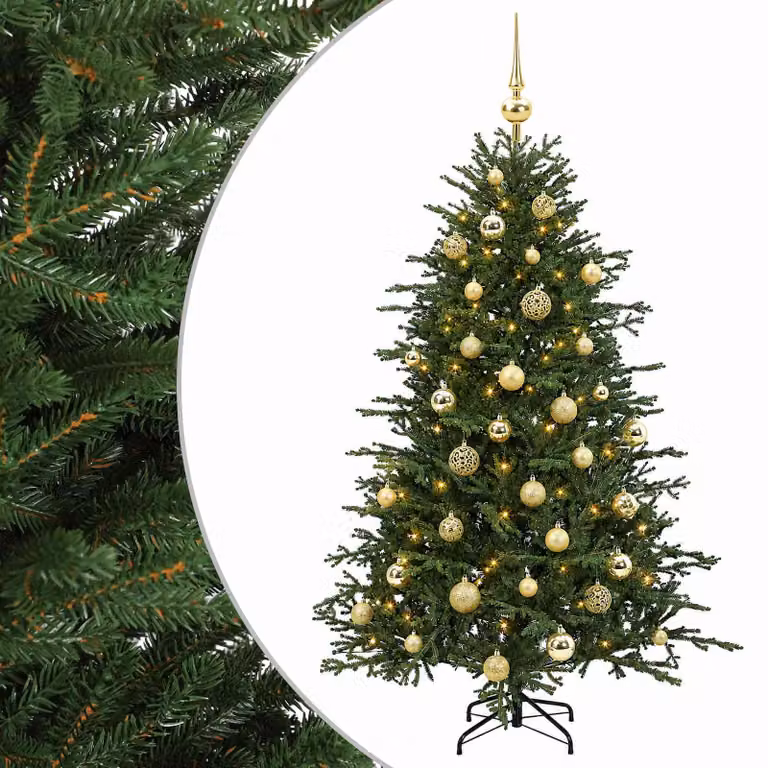Árbol de Navidad artificial verde vidaXL con 150 LED de luz blanca cálida y bolas, Altura: 120 cm