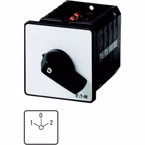 Interruptor Inversor Eaton T5B-3-8401/E de 63 A con Placa Indicadora 1-0-2, Montaje Empotrado, An/P/Al: 8,8 x 8,8 x 12,4 cm