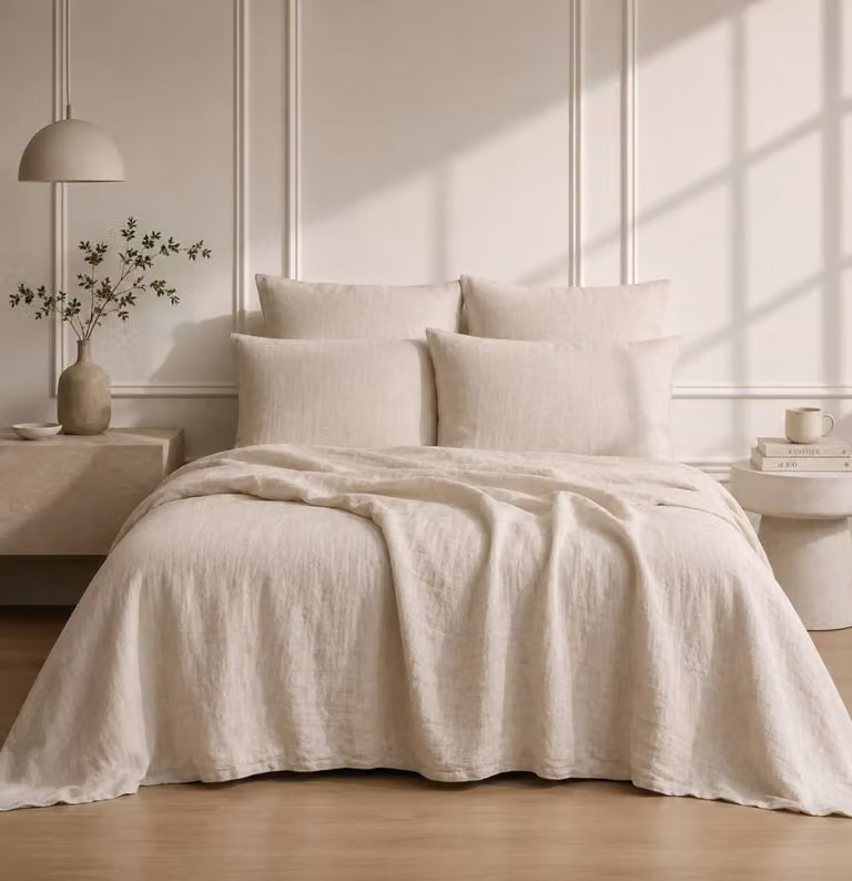 Juego de cama de lino Febronie color beige con funda nórdica de 240x220 cm y fundas de almohada de 65x65 cm