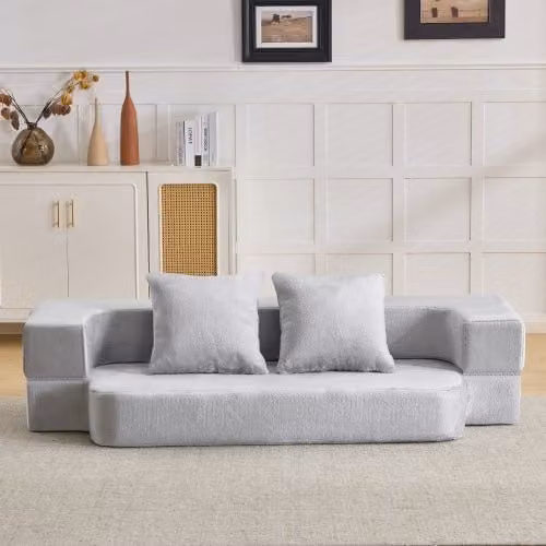 Sofá cama de dos plazas OKWISH en tela gris con función de cama y cojines incluidos