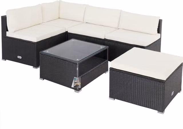 Conjunto de jardín en forma de L Casaria® con asientos y mesa de polirratán negro y beige con cojines incluidos