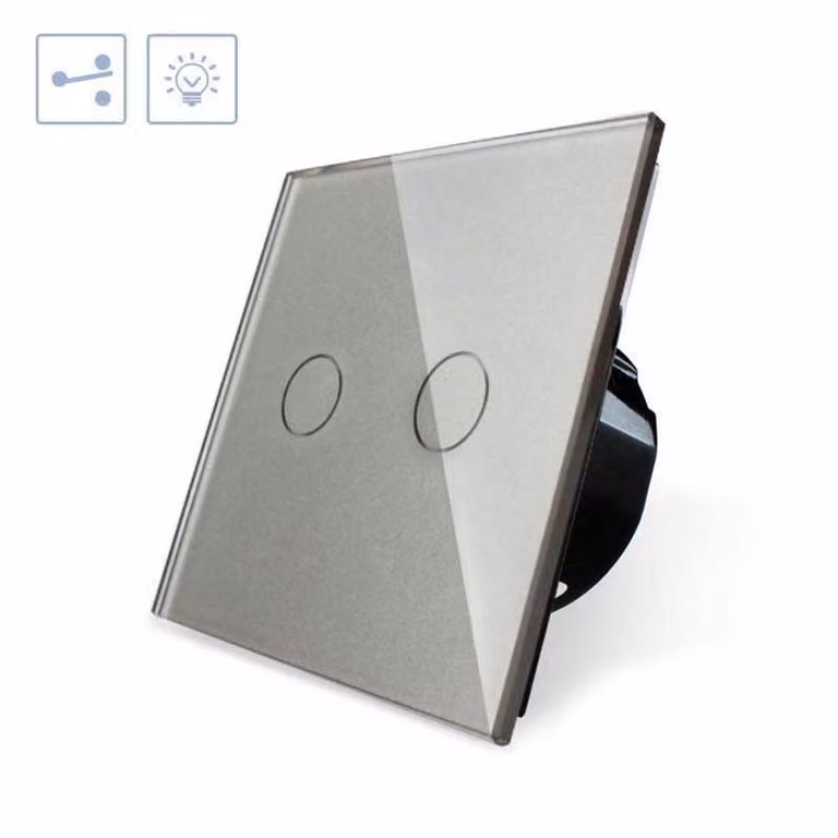 Conmutador táctil doble KOOB de cristal y aluminio gris con conexión wifi para instalación empotrada