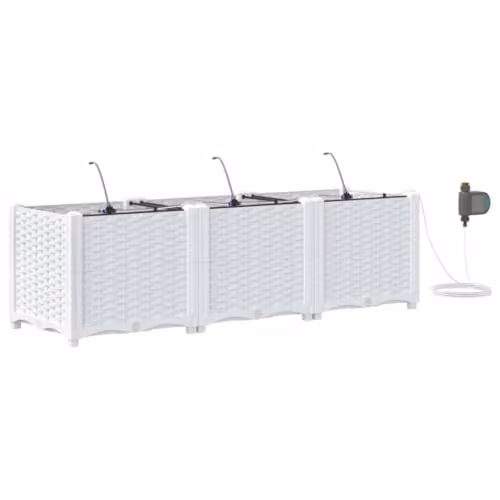 Juego de 3 macetas con sistema de riego Helloshop26 de acero en color blanco y gris, An/P/Al: 120 x 40 x 37,5 cm