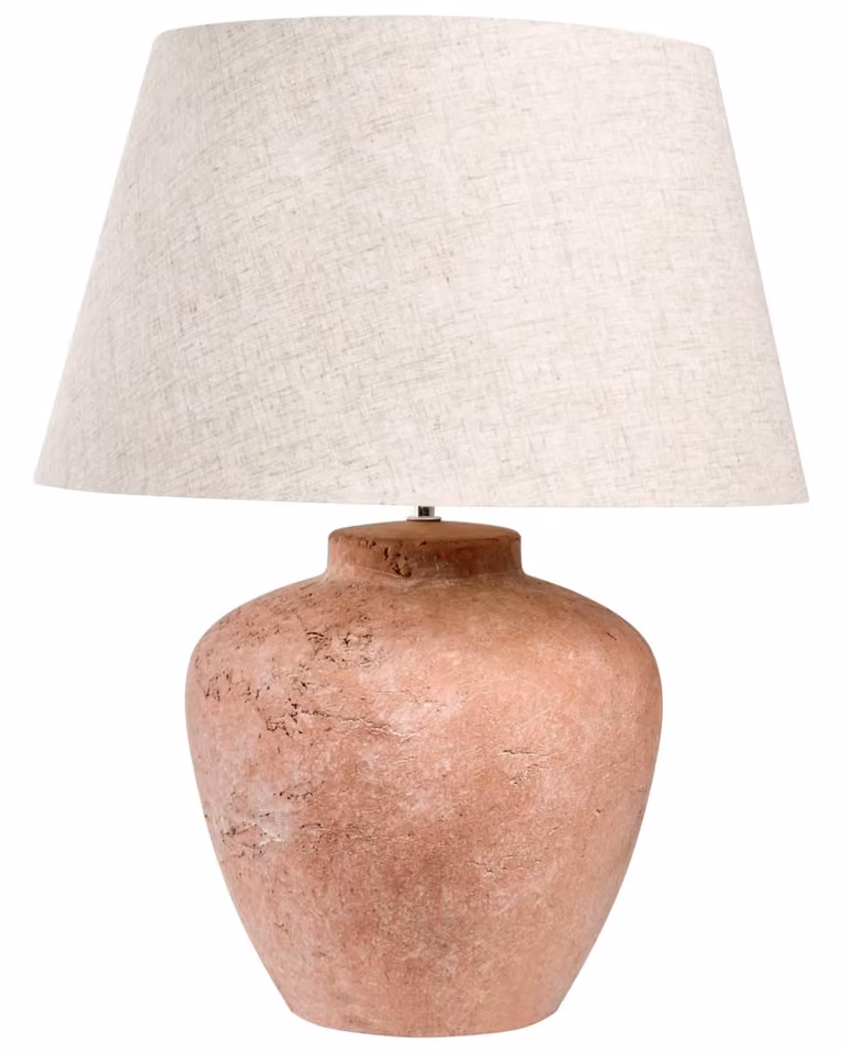 Lámpara de mesa Beliani de cerámica en color marrón y beige con pantalla de tela de estilo rústico