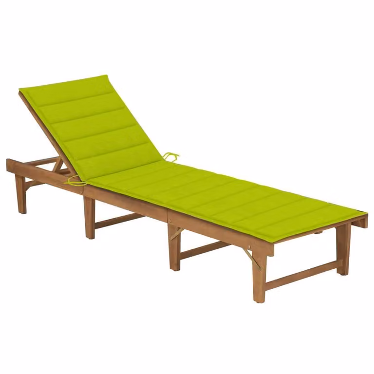 Tumbona plegable Syfax de madera de acacia aceitada con cojín verde resistente a la intemperie y reposacabezas ajustable