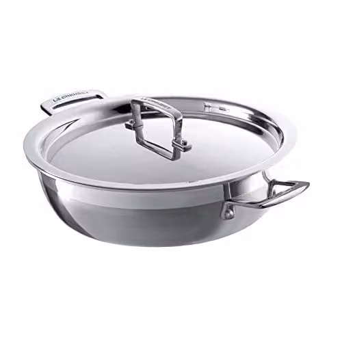 Cacerola baja Le Creuset Classic de acero inoxidable y aluminio con tapa de cristal, color plata, Diámetro: 30 cm