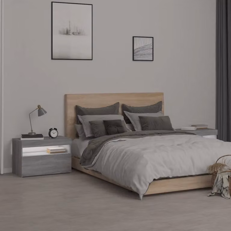 Set de 2 mesitas de noche vidaXL con luces LED y puerto de carga USB en color gris sonoma, An/P/Al: 60 x 35 x 40 cm