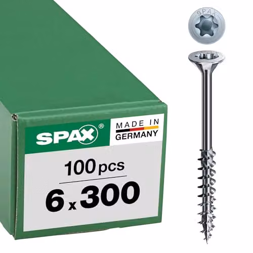 Tornillo Spax Wirox Torx de acero galvanizado para madera con cabeza avellanada y rosca parcial, color plata, Diámetro: 6,0 mm, Longitud: 300 mm