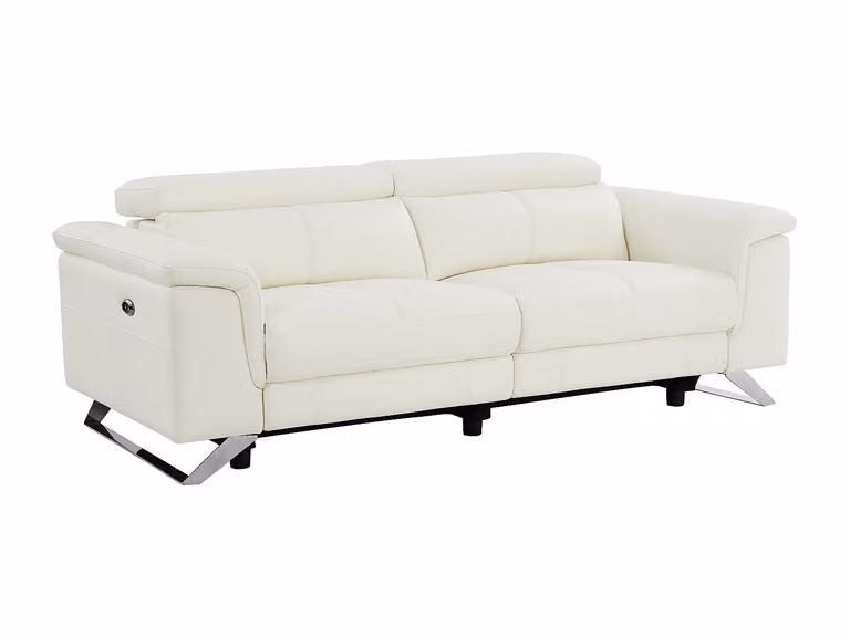 Sofá relax eléctrico de 3 plazas BREYT II en piel de becerro color blanco con reposacabezas ajustable y motorizado por asiento