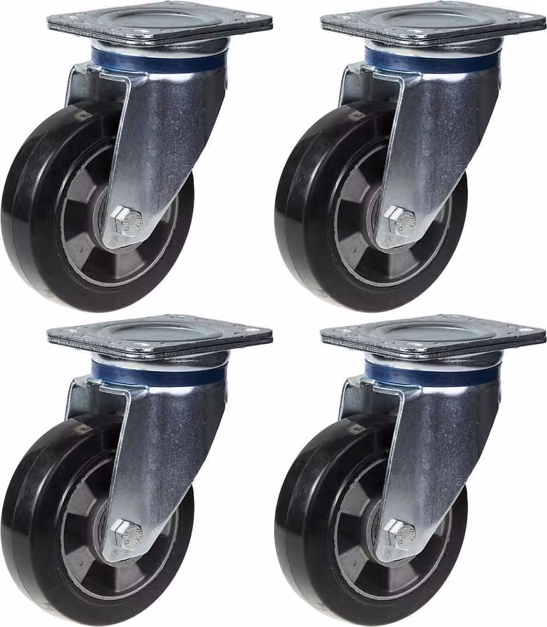 Juego de 4 ruedas giratorias Parnells de goma negra y aluminio con placa, diámetro de 152 mm y capacidad de carga de 1320 kg