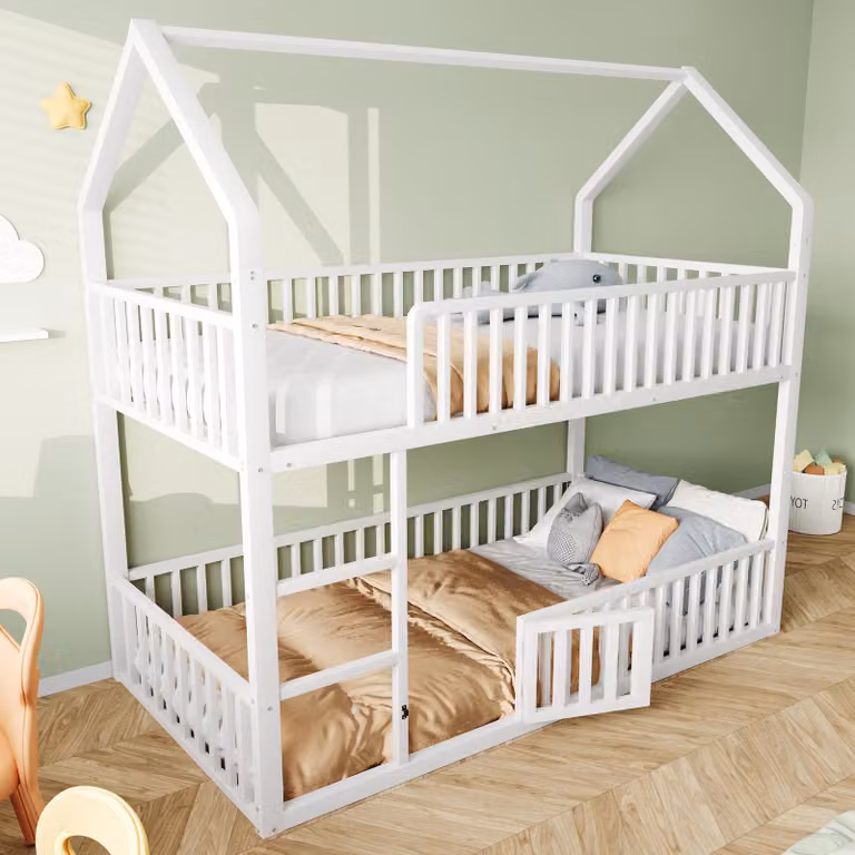 Cama superpuesta STILVORA para niños con estructura de casa y dosel, incluye colchón de espuma, An/P/Al: 200 x 140 x 201,5 cm