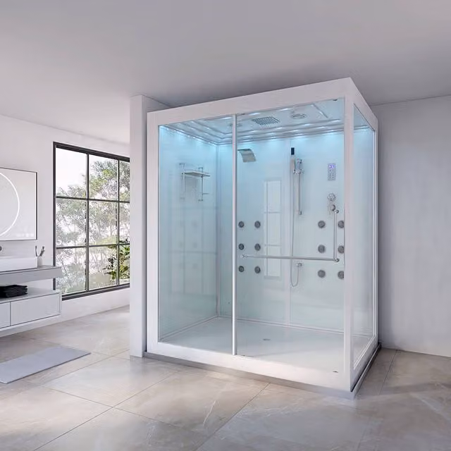 Ducha de vapor Home Deluxe DESIGN XL con cascada, iluminación LED y radio, rectangular, blanca, An/P/Al: 180 x 130 x 220 cm