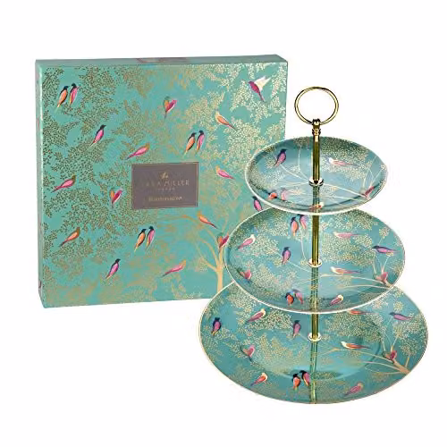Pastelera de 3 niveles Portmeirion Sara Miller Chelsea de cerámica con diseño floral en color verde y dorado, An/P/Al: 28 x 28 x 6 cm