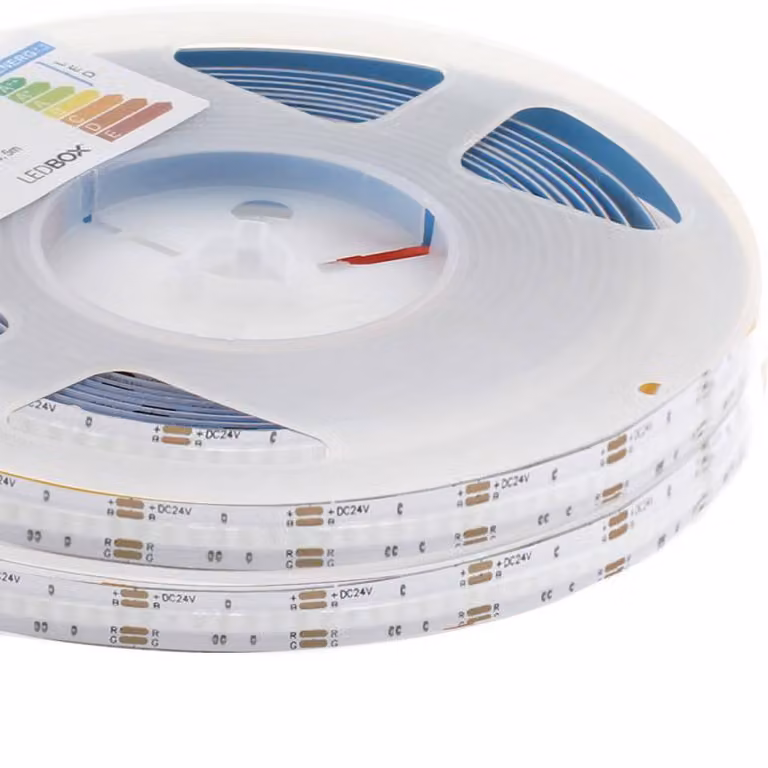 Tira LED RGB COB LEDBOX Multicolor de 5 m, 75W, DC24V, IP20 con tecnología COB y adhesivo propio