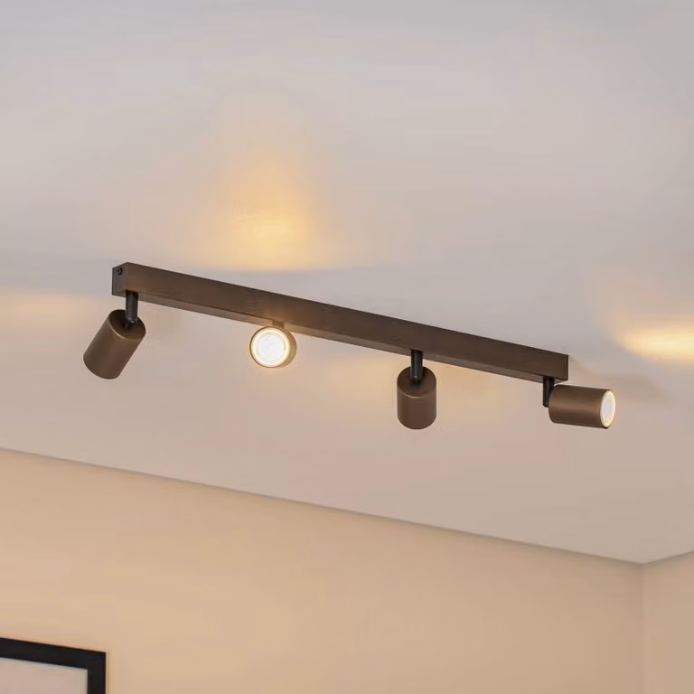 Plafón downlight Top de TK Lighting con 4 luces lineales, regulable y atenuable, color marrón, diseño moderno en metal para salón o comedor
