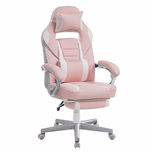Silla de oficina ergonómica SONGMICS con reposacabezas, altura ajustable y capacidad de 150 kg, color rosa y blanco