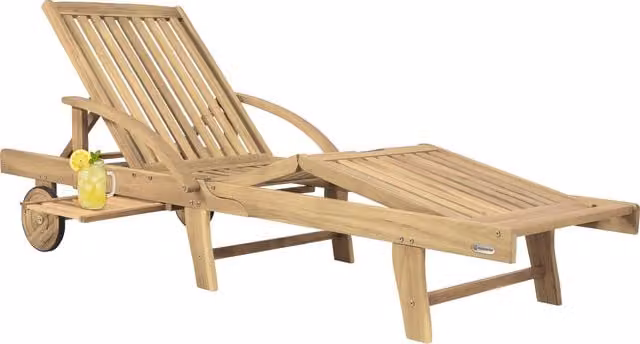 Tumbona de jardín plegable Casaria de madera de acacia marrón con reposacabezas ajustable, reposabrazos, mesa extensible y ruedas