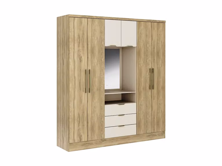 Armario de 6 puertas y 3 cajones con espejo ELORIO en color beige y arena, Ancho: 180 cm, Profundidad: 46,5 cm, Altura: 206 cm