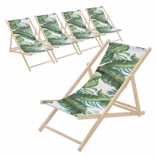 Pack de 5 sillas de playa plegables ECD Germany de madera con diseño floral verde y blanco, tumbonas con respaldo ajustable y capacidad de hasta 120 kg para jardín, terraza o piscina