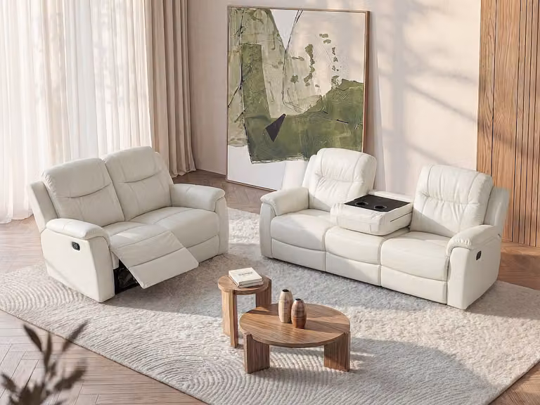 Sofá relax de 3+2 plazas EVASION de VENTE-UNIQUE en piel color blanco con bandeja portavasos