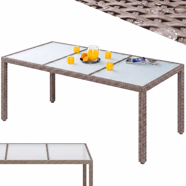 Mesa de comedor y jardín CASARIA de polirratán color beige con cristal, altura regulable, An/P/Al: 190 x 90 x 75 cm