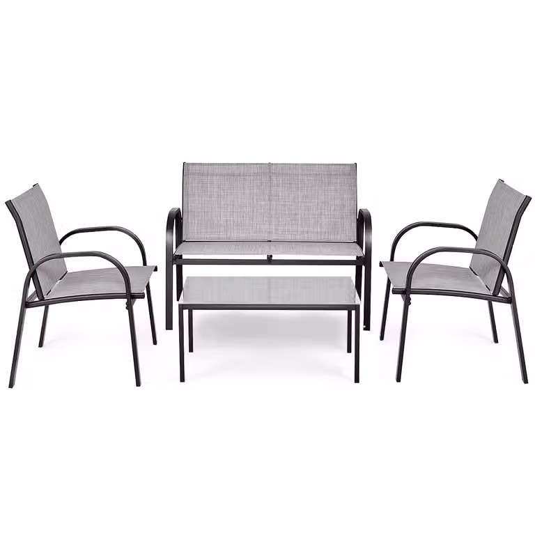 Conjunto de Jardín de 4 Piezas Costway con 2 Sillones, 1 Banco de 2 Plazas y Mesa de Centro en Acero y Textilene Gris para Terraza o Balcón