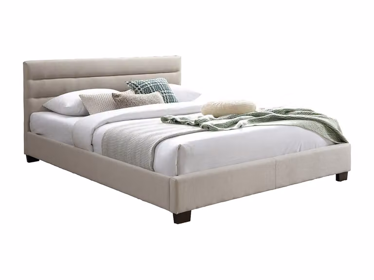 Cama FAUSTIN tapizada en tela beige con estructura de madera sólida An/P/Al: 140 x 190 cm