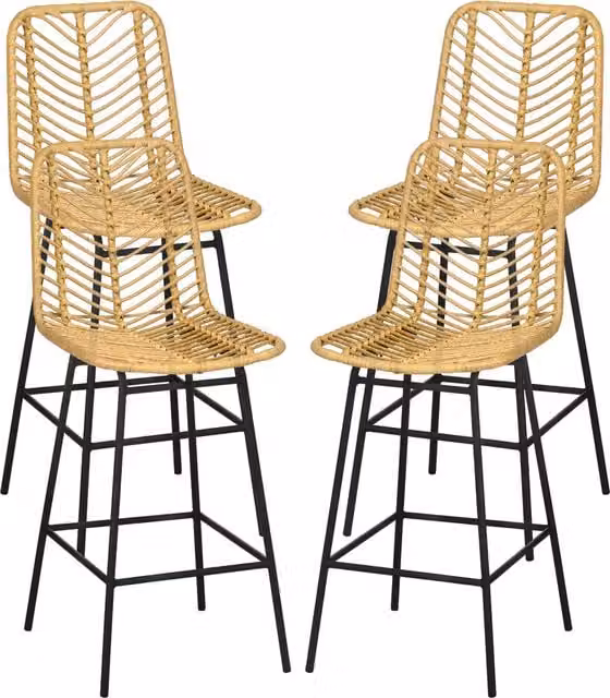 Lote de 4 taburetes de bar HOMCOM con respaldo trenzado y reposapiés, estructura de acero, color amarillo, An/P/Al: 42,5 x 52 x 102 cm
