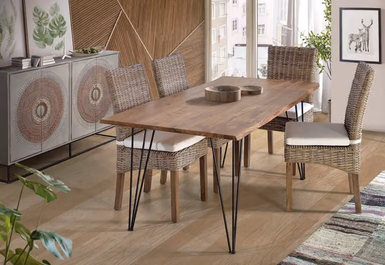 Mesa de comedor rectangular de madera de acacia natural y metal de Giner y Colomer para 10 plazas en color marrón con acabado live edge