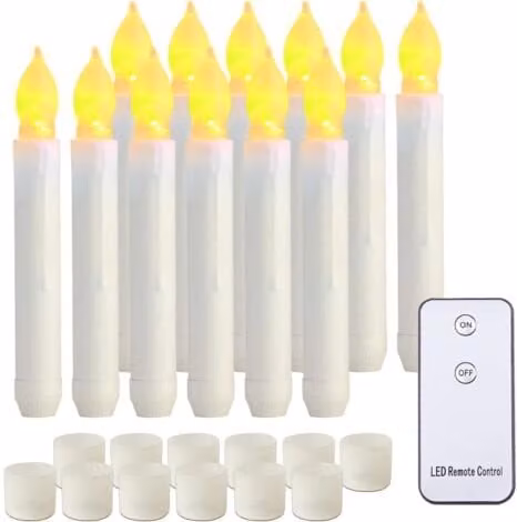 Juego de 12 velas cónicas LED ULISEM con mando a distancia, luz parpadeante en color amarillo cálido y funcionamiento a pilas para Halloween y fiestas