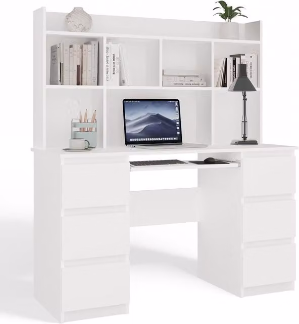 Escritorio Kuba de TOPESHOP con estante superior y 6 cajones en blanco mate An/P/Al: 130 x 51 x 146 cm