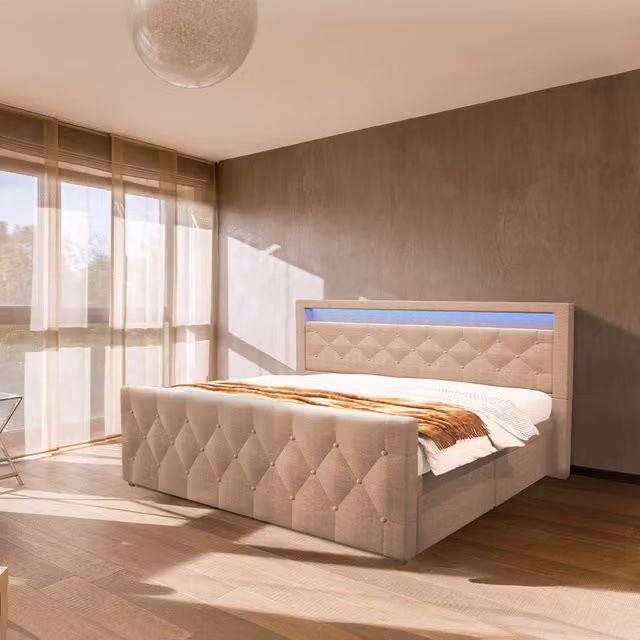 Cama tapizada Home Deluxe Velara con colchón y topper en color beige, An/P/Al: 140 x 200 x 76 cm
